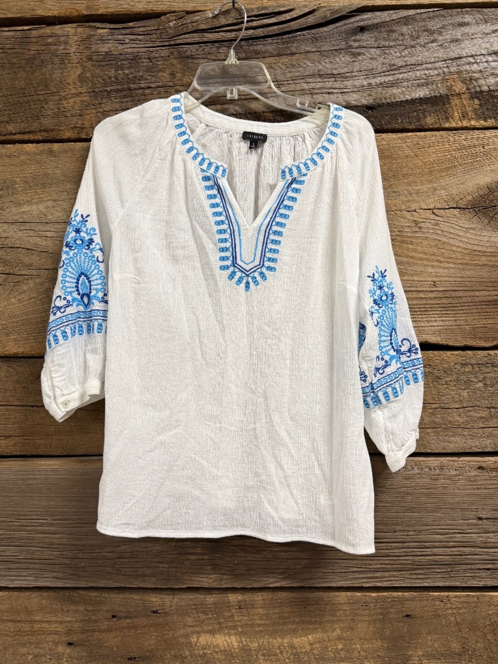 Talbots Crinkle Gauze Embroidered top, white with blue design, Small
